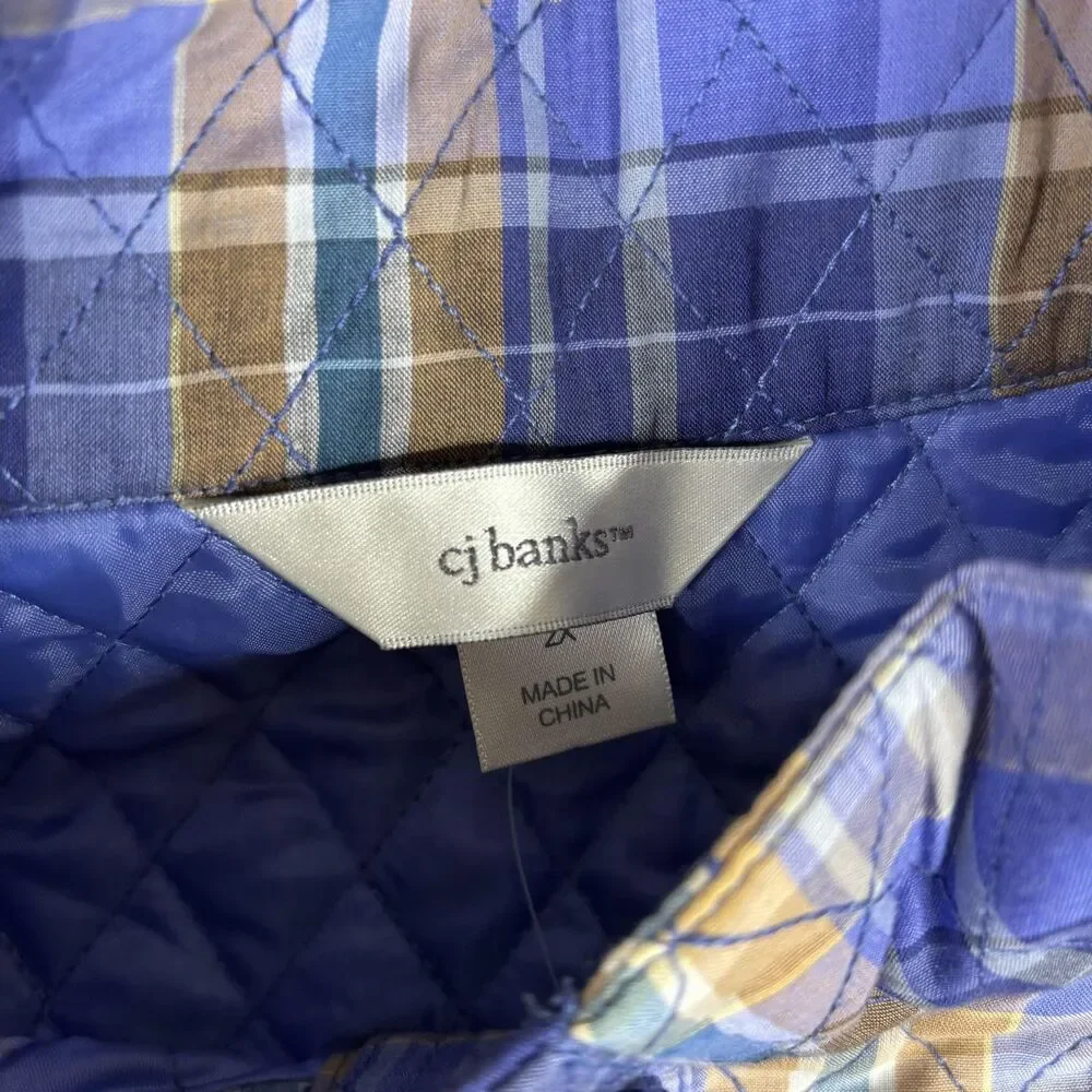 CJ Banks Vest Womens 2X Blue Plaid‎ Quilted Button Front Pockets Lined 20/22W